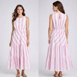 Anna Cate Pink Stripe Bran Midi Tiered Sleeveless Dress Waist Ties Sz S Cotton